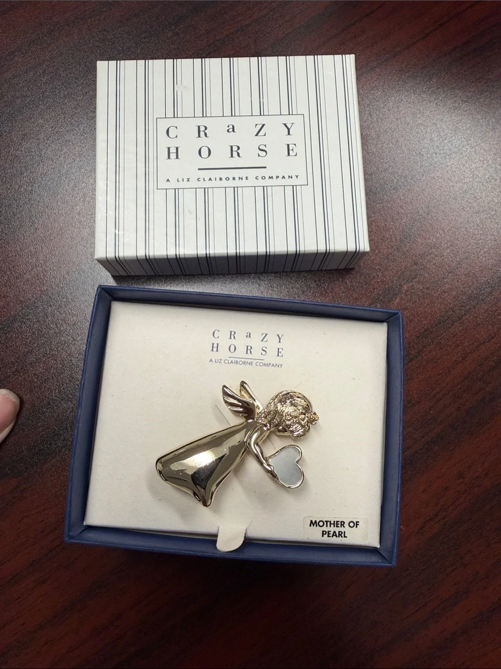 Liz Claiborne Gold Angel Brooch with Mother-of-Pearl Heart